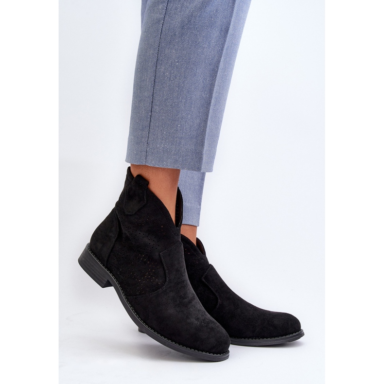 Women's Openwork Boots on a Flat Heel Black S.Barski HY66-151 2