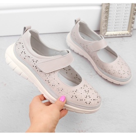 Women's leather openwork shoes with velcro, beige Filippo DP6073 1