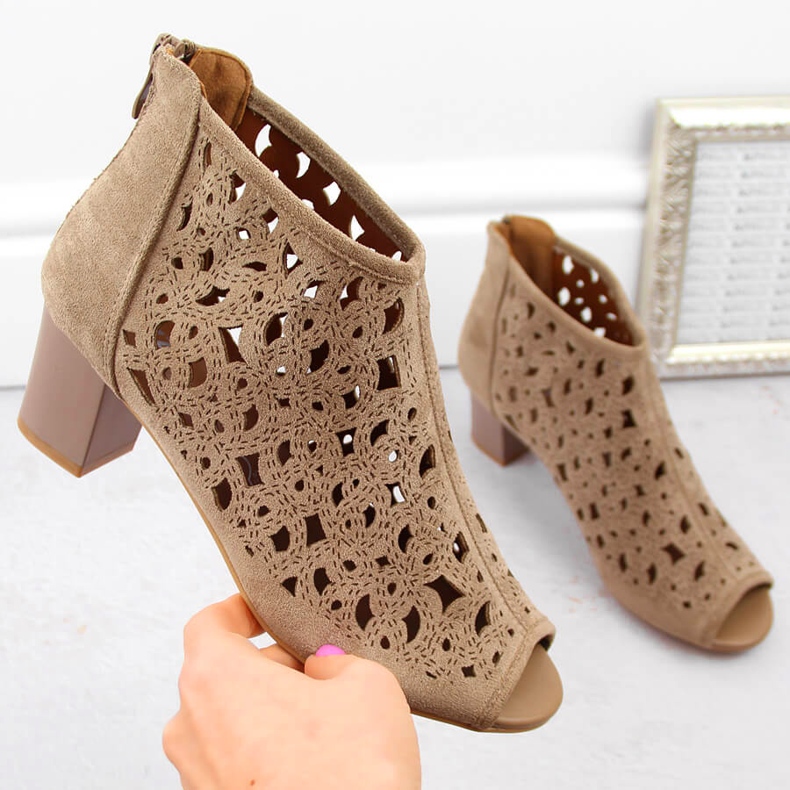 Women's suede openwork boots with open toe, light brown, Jezzi RMR1954-16 1