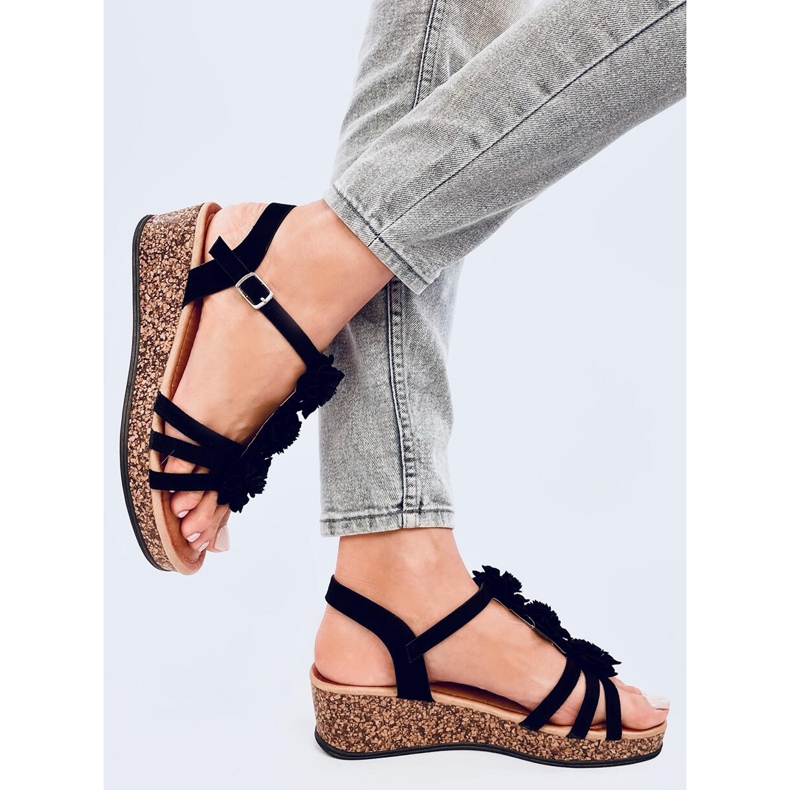 Fisken Black flower wedge sandals 2