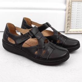 Leather comfortable women's openwork shoes with Velcro, black Helios 423.011 1
