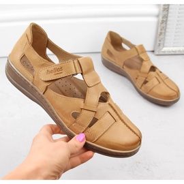 Leather comfortable women's openwork shoes with Velcro, brown Helios 423.07 beige 1