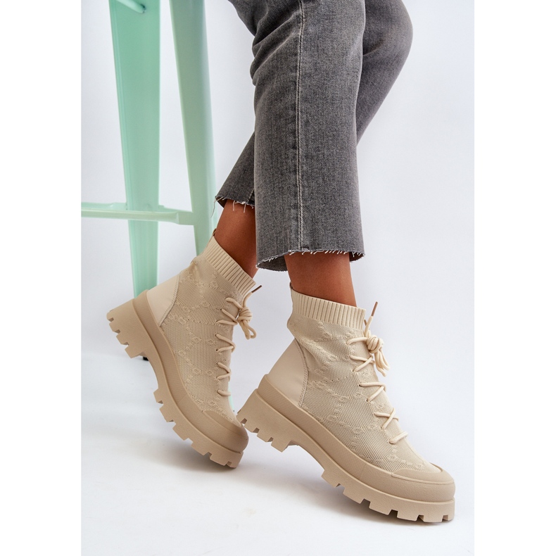 Women's Sock Slip-On Boots Light Beige Solime 1