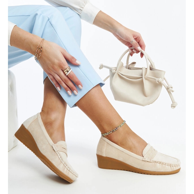 Light beige suede wedge loafers by Sakena 1