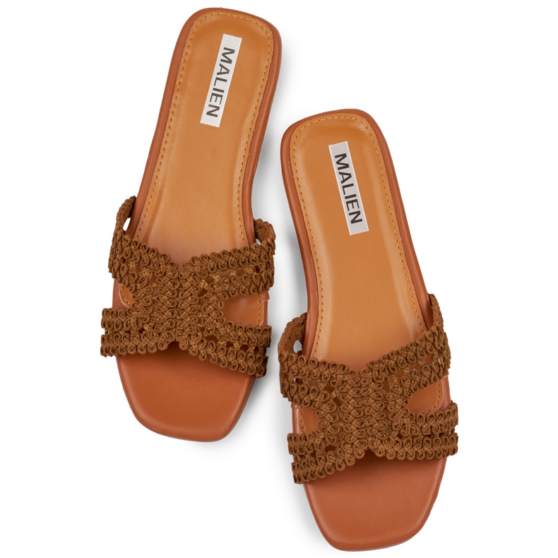 Lace brown women's flip-flops with a flat sole 1