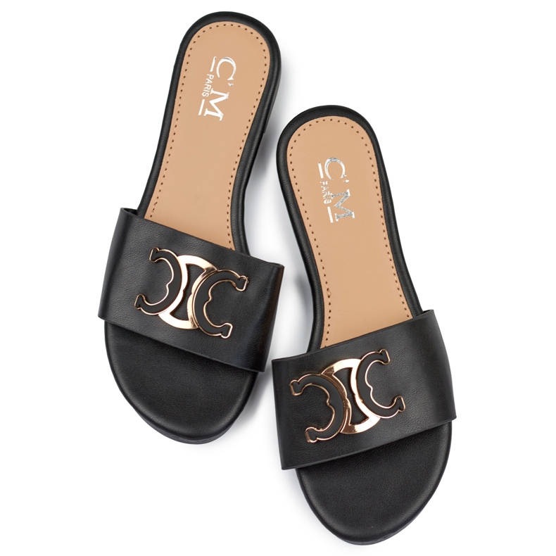 Black elegant women's flip-flops with decoration 1