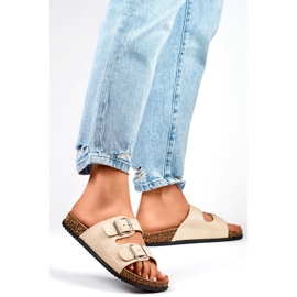 Beige women's flip-flops with two buckles 1