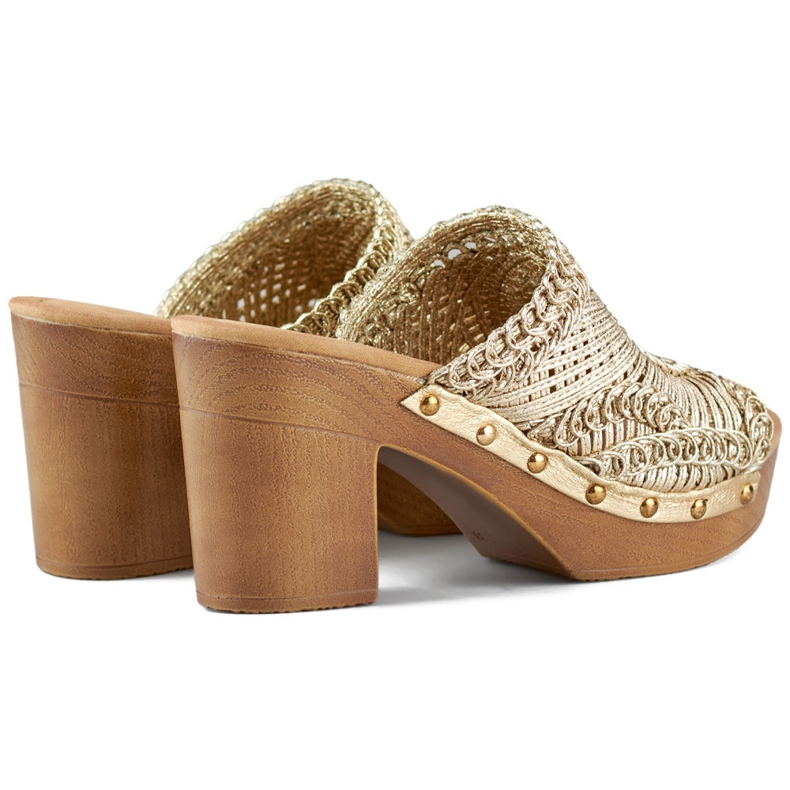 Lace gold women's slippers on a high heel with a sole imitating wood golden 1