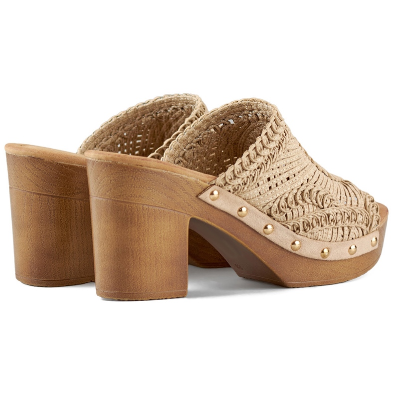 Lace beige women's flip-flops with a wood-imitating sole 1