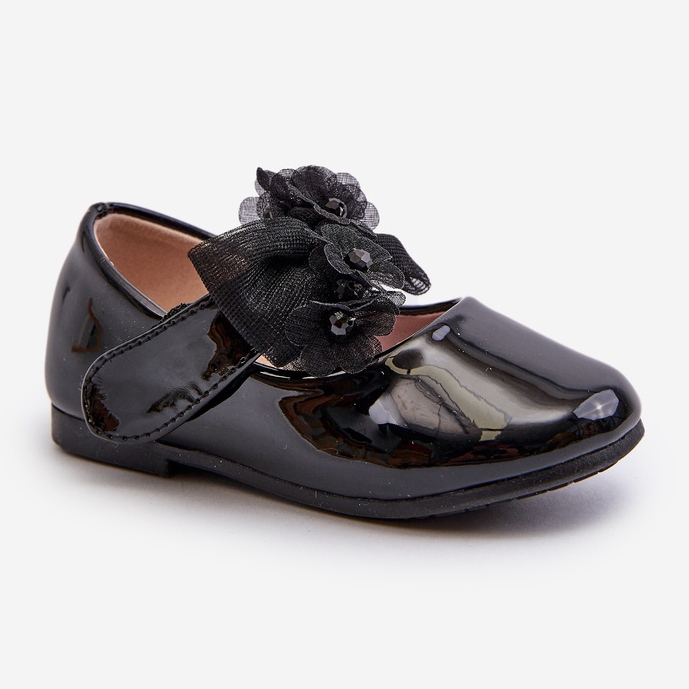 Patent leather children's ballerina shoes with Velcro and a bow, Black Olessa 1