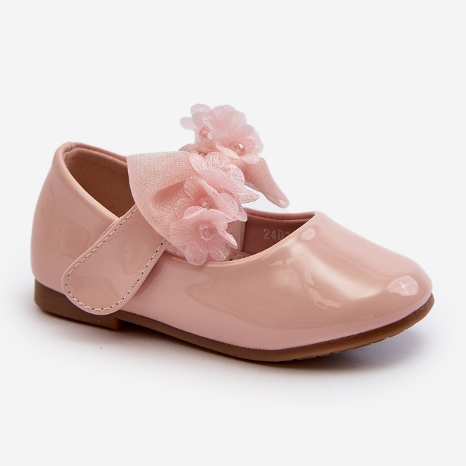 Children's patent leather ballerina shoes with Velcro and a bow, pink Olessa 1