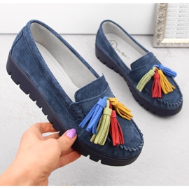 Leather suede shoes, women's moccasins with fringes, navy blue Filippo DP3535 1