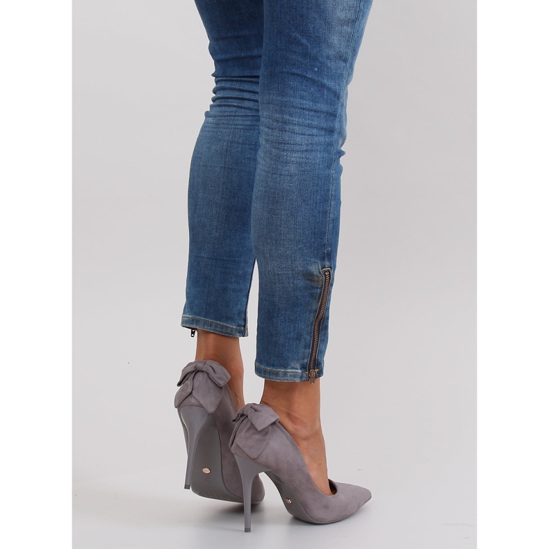 Suede heels with a bow LE035 Gray grey 1