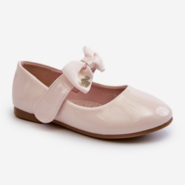 Children's patent leather ballerinas with a Velcro bow, pink, cat-like 1