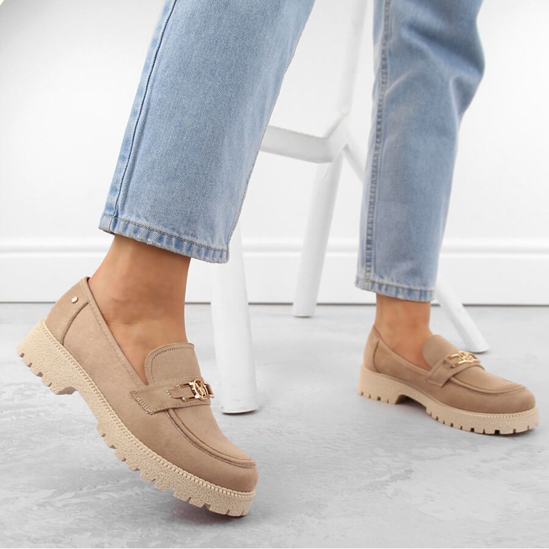 Suede women's shoes, beige moccasins Potocki YQ21047 2