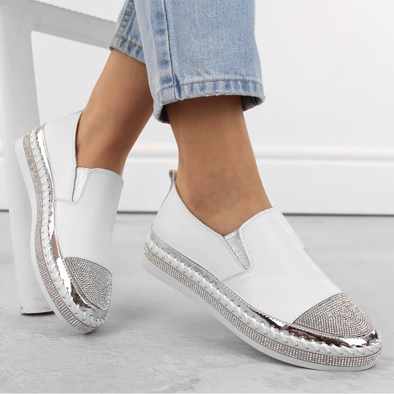 S.Barski Women's leather slip-on shoes with zircons, white D&amp;A LR370 1