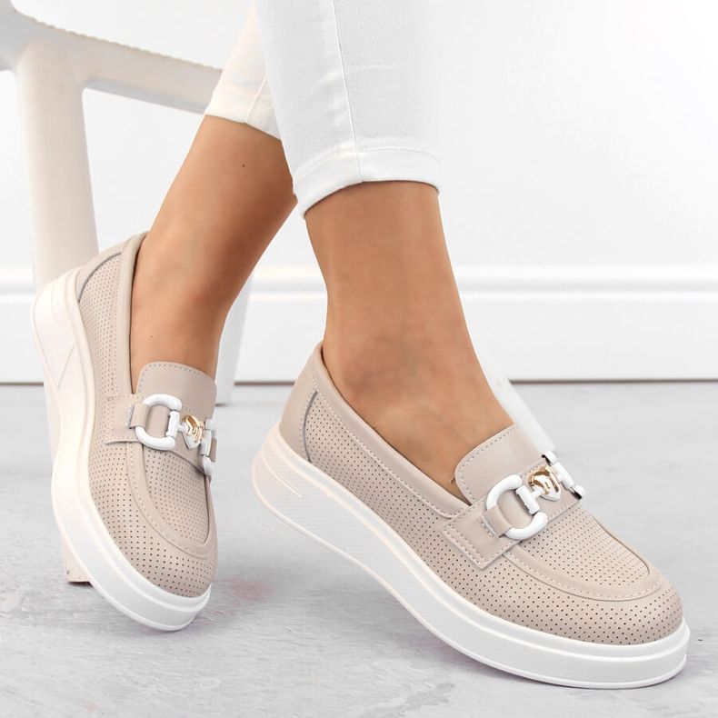 Women's leather shoes, moccasins on a platform, beige S.Barski LR720 1