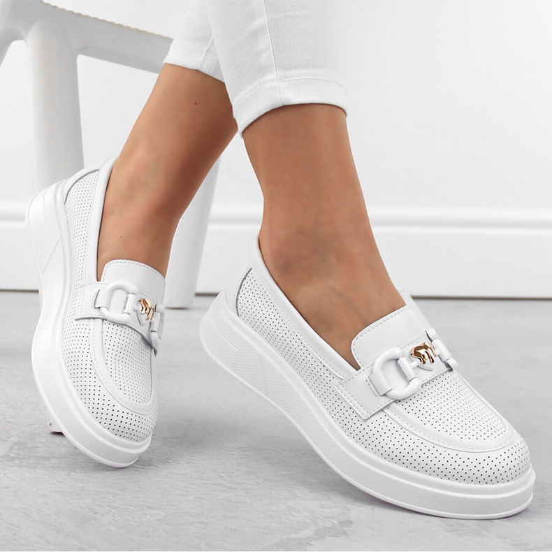 Leather women's shoes, moccasins on the platform, white S.Barski LR720 1