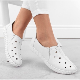 Women's leather openwork slip-on shoes, white Artiker 54C0560 1