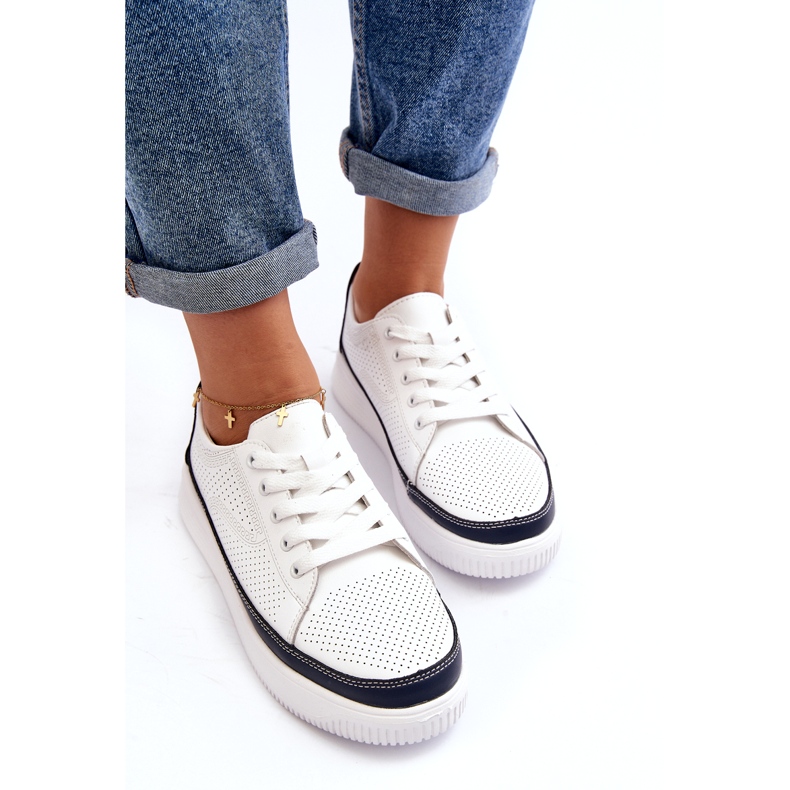 Sergio Leone Women's Leather Sports Shoes, Sneakers, White and Navy Blue 3 Sergio Leone Women's Leather Sports Shoes, Sneakers, White and Navy Blue 3