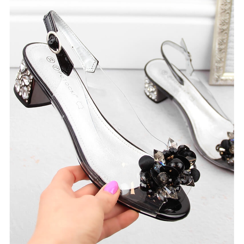 Transparent women's sandals with beads, black Potocki WS43300 1