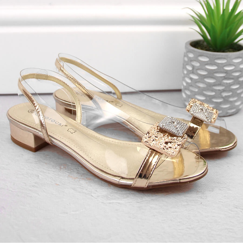 Transparent patent leather women's sandals with gold zircons Potocki WS43303 golden 1