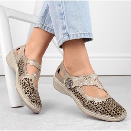 Leather comfortable women's openwork shoes with velcro, metallic Rieker 413G4-90 beige 10