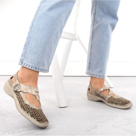 Leather comfortable women's openwork shoes with velcro, metallic Rieker 413G4-90 beige 11