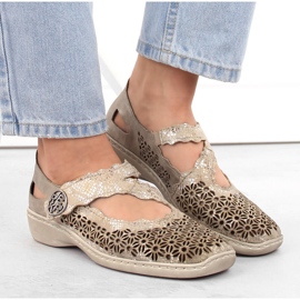 Leather comfortable women's openwork shoes with velcro, metallic Rieker 413G4-90 beige 12
