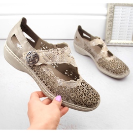 Leather comfortable women's openwork shoes with velcro, metallic Rieker 413G4-90 beige 13