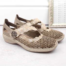 Leather comfortable women's openwork shoes with velcro, metallic Rieker 413G4-90 beige 14