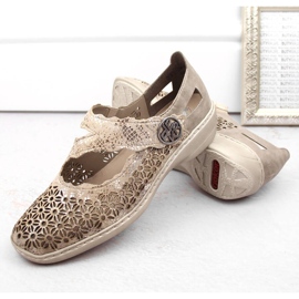 Leather comfortable women's openwork shoes with velcro, metallic Rieker 413G4-90 beige 15