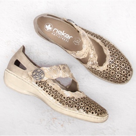 Leather comfortable women's openwork shoes with velcro, metallic Rieker 413G4-90 beige 16