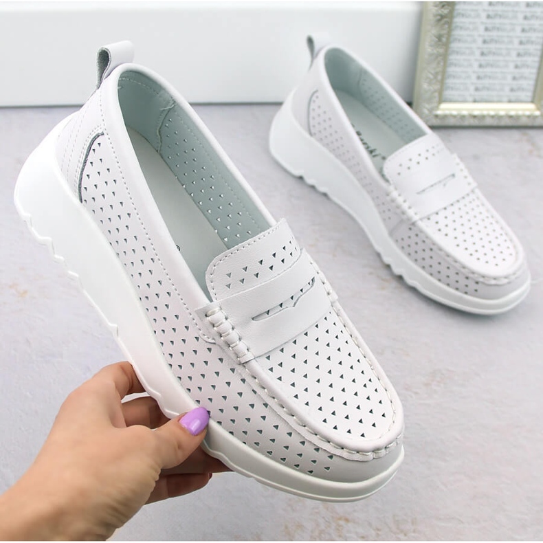 Women's comfortable openwork leather shoes, white S.Barski LR509 1