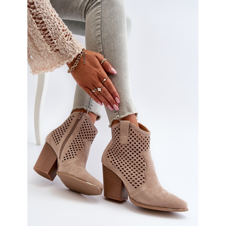 Women's Openwork Eco Suede Ankle Boots On A High Heel, Beige Stardara 1