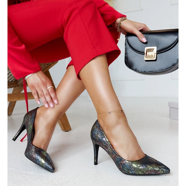 Black metallic high heels with a leather Gantier insert 1