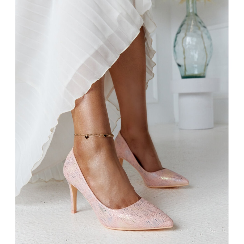 Pink metallic high heels with a leather Gantier insert 1