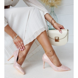 Pink metallic high heels with a leather Gantier insert 2