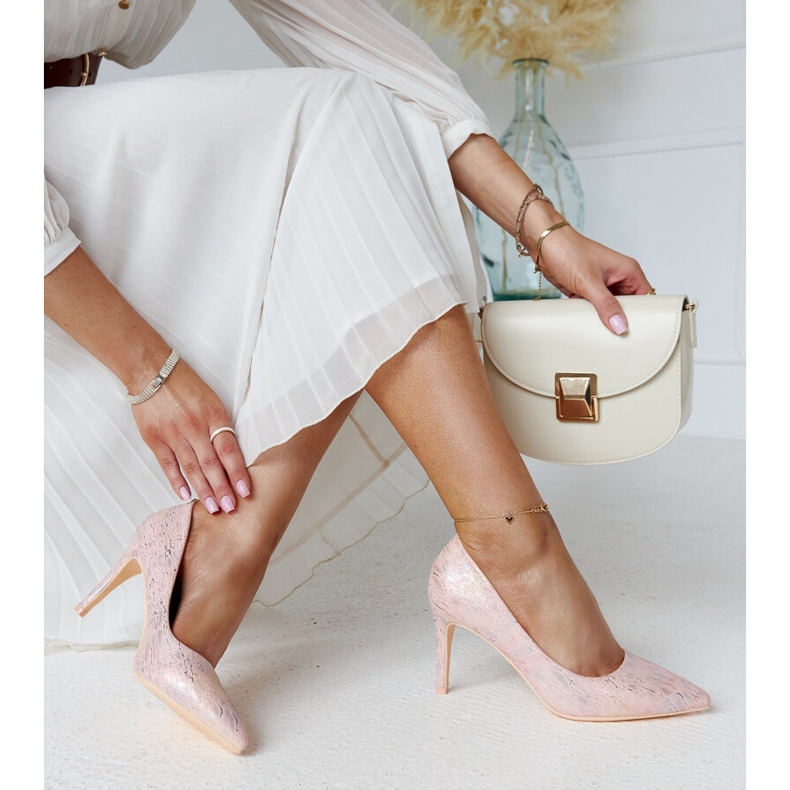 Pink metallic high heels with a leather Gantier insert 2