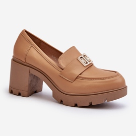 Women's Chunky Heel Shoes With Camel Ranunca Decoration brown 1