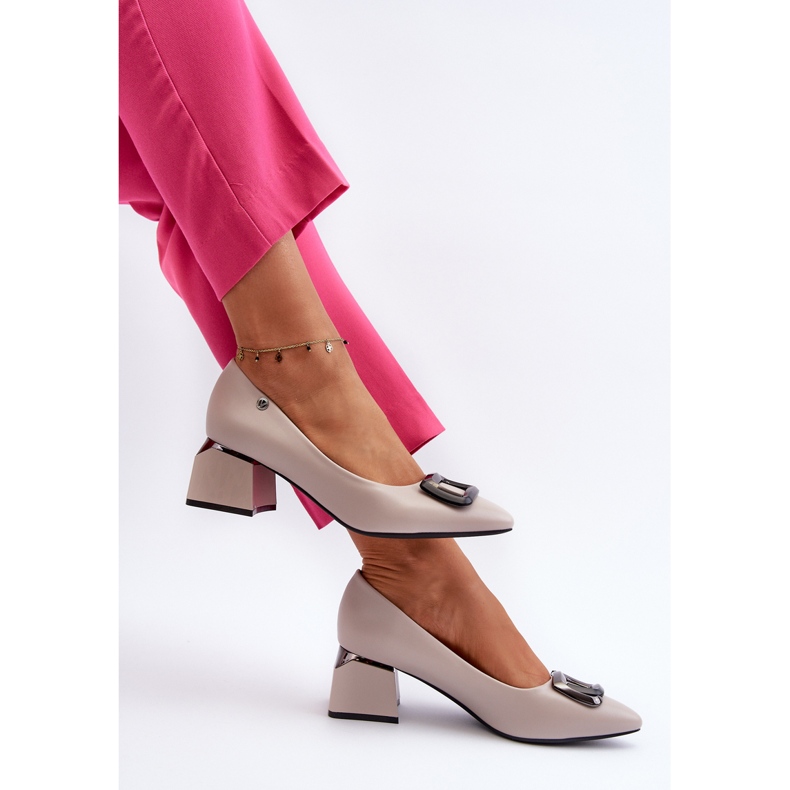 Vinceza Block High Heel Pumps With Decoration, Eco Leather, Gray Sarala grey 1