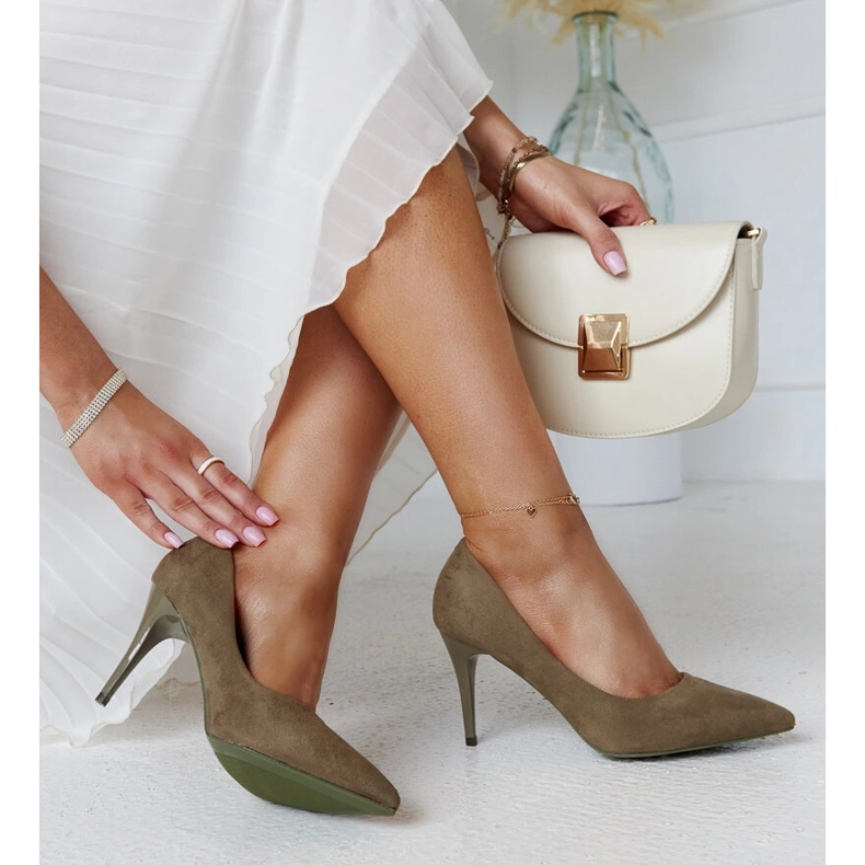 Green high heels with a Paume leather insert 1