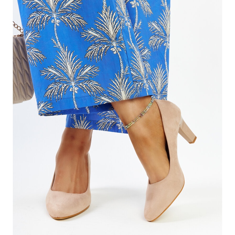 Beige high-heeled pumps with a leather insert from Lalande 2