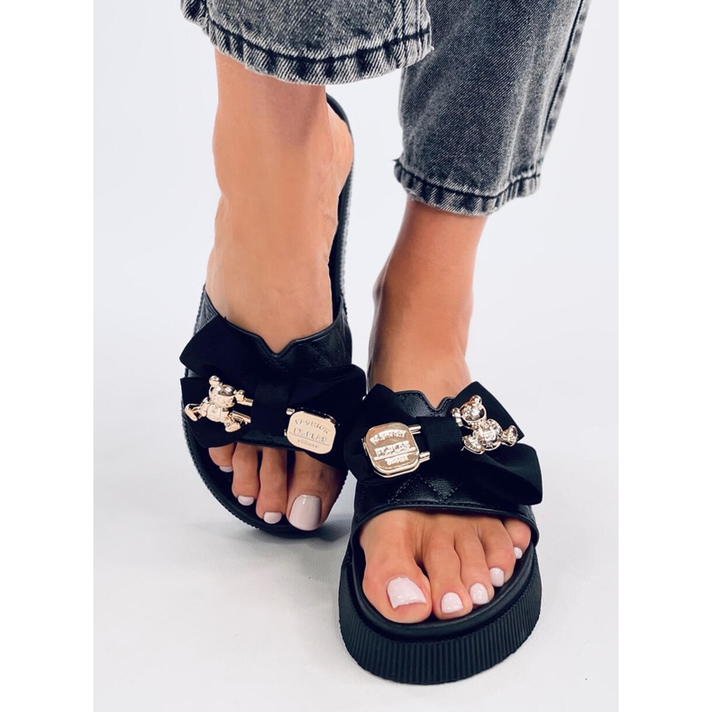 Brandis Black gold teddy bear flip flops 1