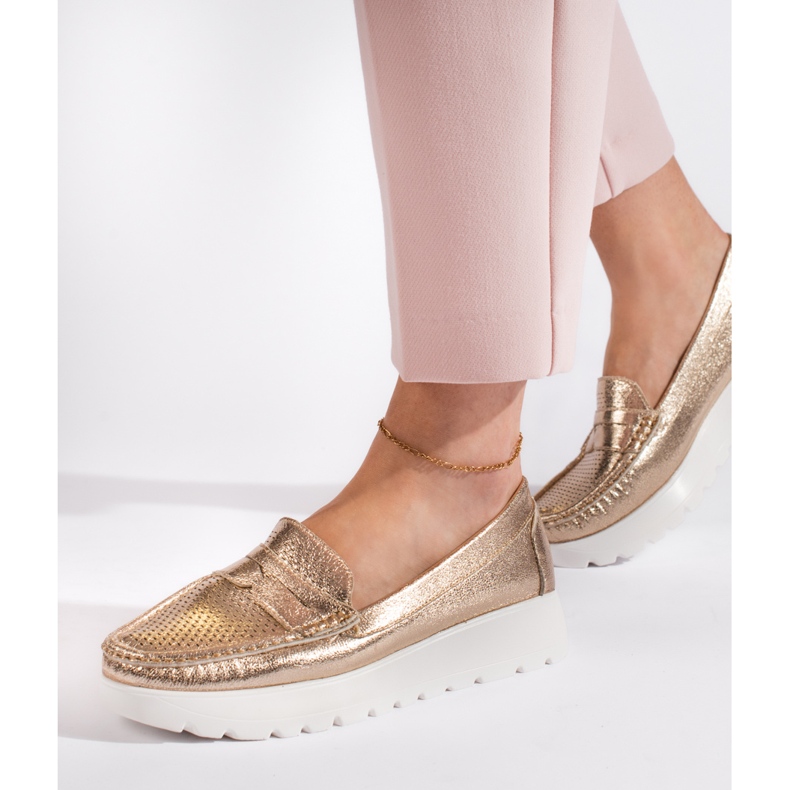 Goodin Openwork gold women's loafers on the platform golden 1