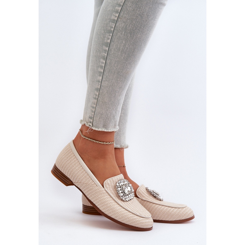 S.Barski Women's Flat Heel Moccasins With a Brooch Beige D&A MR38-676 2 S.Barski Women's Flat Heel Moccasins With a Brooch Beige D&A MR38-676 2