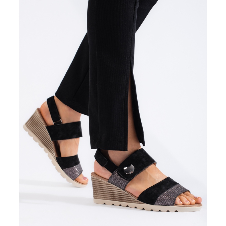 Women's wedge sandals with Velcro black 1