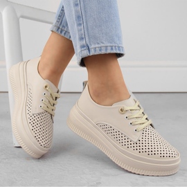 Women's leather openwork shoes on the platform, beige Artiker 54C1707 1