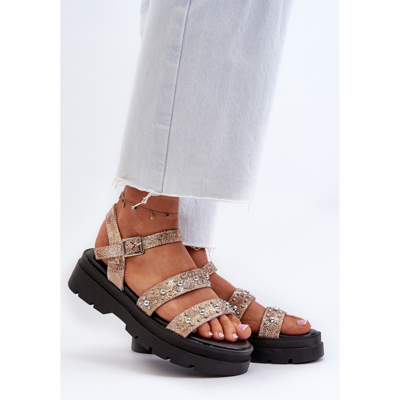 Women's Decorated Sandals Eco Leather Gold-Beige Arcida 2 Women's Decorated Sandals Eco Leather Gold-Beige Arcida 2