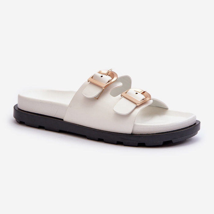 Women's Eco Leather Flip-Flops With Buckles, White Valmira 1